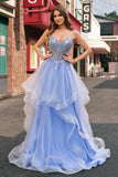 Light Blue Ball Gown Corset Ruffled Prom Dress with Sequins