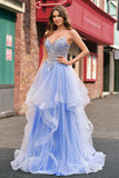 Light Blue Ball Gown Corset Ruffled Prom Dress with Sequins