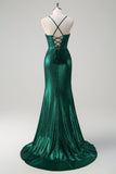 Dark Green Mermaid Corset Spaghetti Straps Metallic Prom Dress with Slit