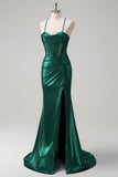 Dark Green Mermaid Corset Spaghetti Straps Metallic Prom Dress with Slit