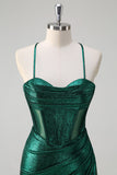 Dark Green Mermaid Corset Spaghetti Straps Metallic Prom Dress with Slit