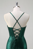 Dark Green Mermaid Corset Spaghetti Straps Metallic Prom Dress with Slit