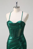 Dark Green Mermaid Corset Spaghetti Straps Metallic Prom Dress with Slit