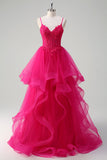 Hot Pink Appliques Corset Spaghetti Straps A Line Ruffled Prom Dress