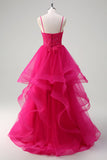 Hot Pink Appliques Corset Spaghetti Straps A Line Ruffled Prom Dress