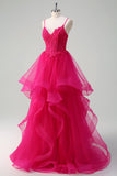 Hot Pink Appliques Corset Spaghetti Straps A Line Ruffled Prom Dress