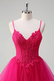 Hot Pink Appliques Corset Spaghetti Straps A Line Ruffled Prom Dress