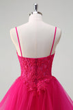 Hot Pink Appliques Corset Spaghetti Straps A Line Ruffled Prom Dress