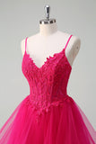 Hot Pink Appliques Corset Spaghetti Straps A Line Ruffled Prom Dress