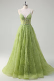 Sparkly Corset Green Princess Spaghetti Straps Ruched A-Line Prom Dress