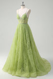 Sparkly Corset Green Princess Spaghetti Straps Ruched A-Line Prom Dress