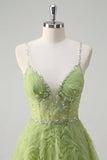 Sparkly Corset Green Princess Spaghetti Straps Ruched A-Line Prom Dress