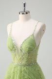 Sparkly Corset Green Princess Spaghetti Straps Ruched A-Line Prom Dress