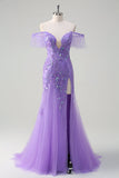 Sparkly Purple Tulle Mermaid Off the Shoulder Sequined Prom Dress with Slit