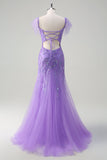 Sparkly Purple Tulle Mermaid Off the Shoulder Sequined Prom Dress with Slit