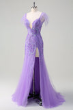 Sparkly Purple Tulle Mermaid Off the Shoulder Sequined Prom Dress with Slit