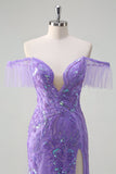 Sparkly Purple Tulle Mermaid Off the Shoulder Sequined Prom Dress with Slit