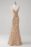 Champagne V-Neck Sequins Beaded Mermaid Prom Dress