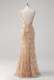 Champagne V-Neck Sequins Beaded Mermaid Prom Dress