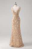 Champagne V-Neck Sequins Beaded Mermaid Prom Dress