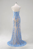 Blue Spaghetti Straps Corset Sequined Mermaid Prom Dress