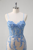 Blue Spaghetti Straps Corset Sequined Mermaid Prom Dress