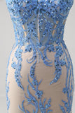 Blue Spaghetti Straps Corset Sequined Mermaid Prom Dress