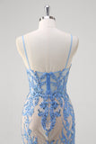 Blue Spaghetti Straps Corset Sequined Mermaid Prom Dress