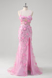 Pink Corset Sequined Flower Mermaid Prom Dress with Slit