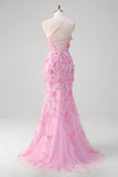 Pink Corset Sequined Flower Mermaid Prom Dress with Slit