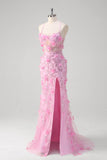 Pink Corset Sequined Flower Mermaid Prom Dress with Slit