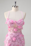 Pink Corset Sequined Flower Mermaid Prom Dress with Slit