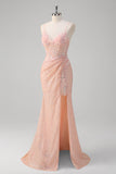 Glitter Blush Corset Beaded Mermaid Prom Dress with Slit