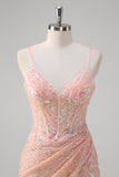 Glitter Blush Corset Beaded Mermaid Prom Dress with Slit