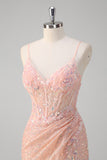 Glitter Blush Corset Beaded Mermaid Prom Dress with Slit