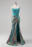 Sparkly Peacock Green Spaghetti Straps Mermaid Prom Dress with Slit