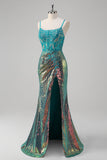 Sparkly Peacock Green Spaghetti Straps Mermaid Prom Dress with Slit