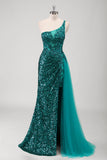 Peacock Green One Shoulder Sequined Mermaid Prom Dress with Slit