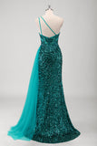 Peacock Green One Shoulder Sequined Mermaid Prom Dress with Slit