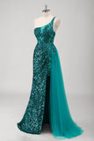 Peacock Green One Shoulder Sequined Mermaid Prom Dress with Slit