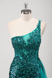 Peacock Green One Shoulder Sequined Mermaid Prom Dress with Slit