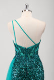 Peacock Green One Shoulder Sequined Mermaid Prom Dress with Slit