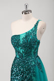 Peacock Green One Shoulder Sequined Mermaid Prom Dress with Slit