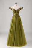 Glitter Olive Off the Shoulder Corset Applique A-Line Tulle Prom Dress