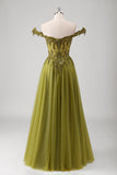 Glitter Olive Off the Shoulder Corset Applique A-Line Tulle Prom Dress