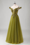 Glitter Olive Off the Shoulder Corset Applique A-Line Tulle Prom Dress