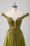 Glitter Olive Off the Shoulder Corset Applique A-Line Tulle Prom Dress