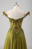 Glitter Olive Off the Shoulder Corset Applique A-Line Tulle Prom Dress