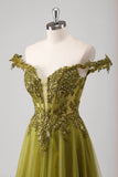 Glitter Olive Off the Shoulder Corset Applique A-Line Tulle Prom Dress