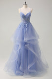 Dusty Blue A Line Spaghetti Straps Corset Ruffled Prom Dress